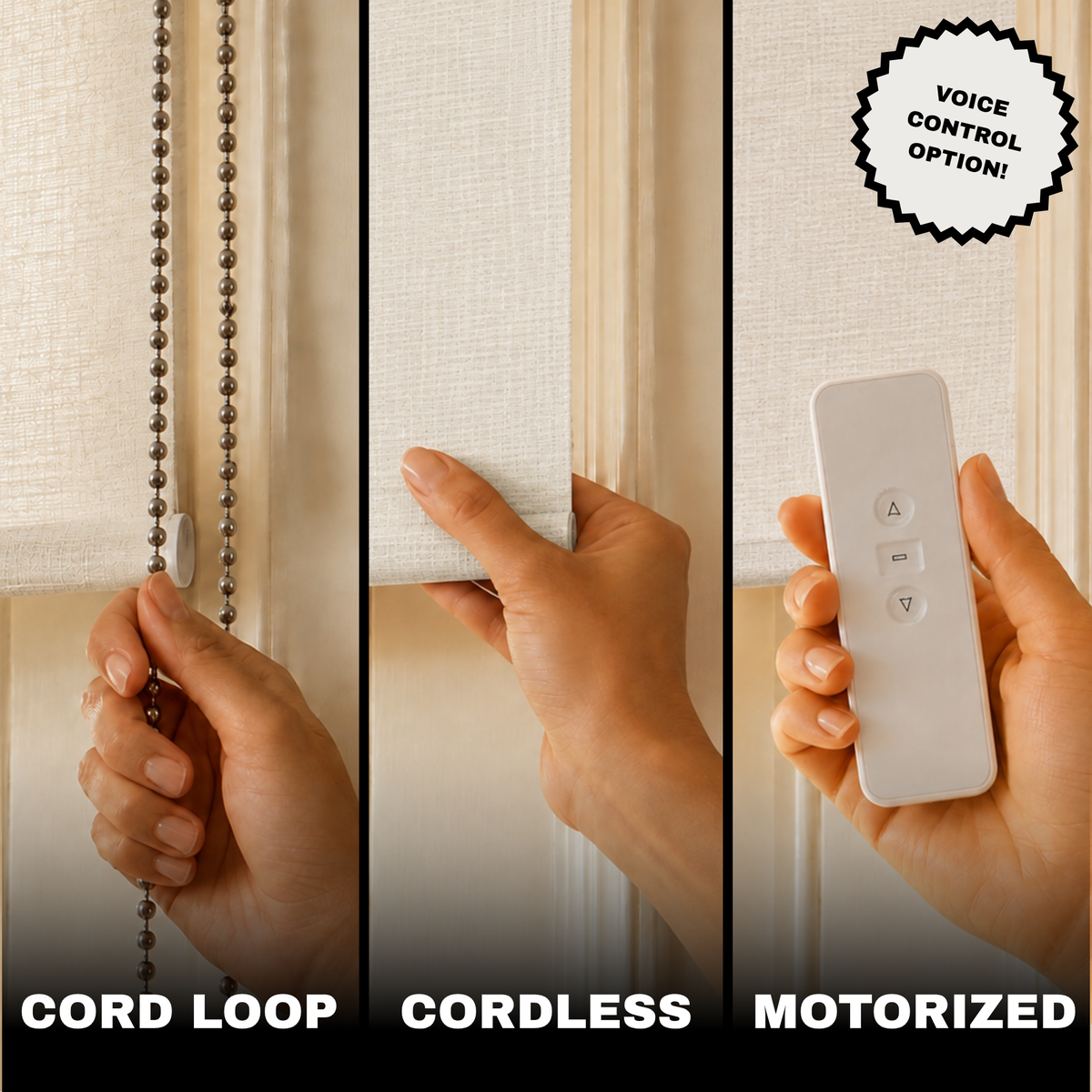 Three-panel comparison showing curtain control options: a hand holding a cord loop, a hand pulling a cordless blind, and a hand holding a white remote control. Text at the bottom reads CORD LOOP, CORDLESS, and MOTORIZED, with a badge that says VOICE CONTROL OPTION!.