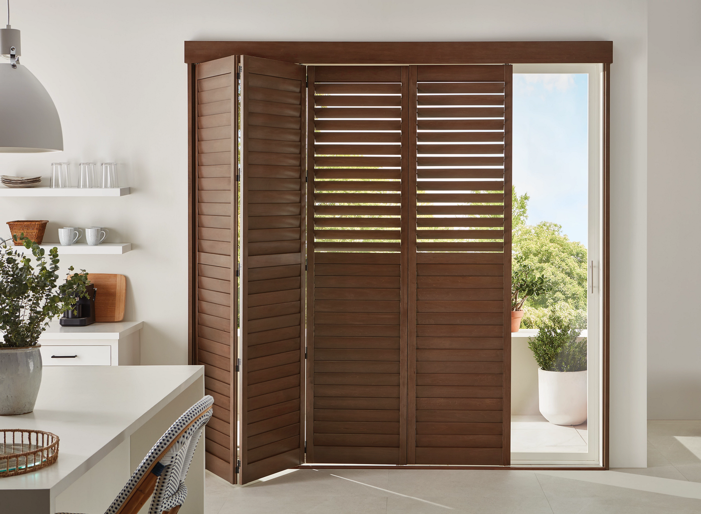 Stained Wood Sliding Door Plantation Shutter