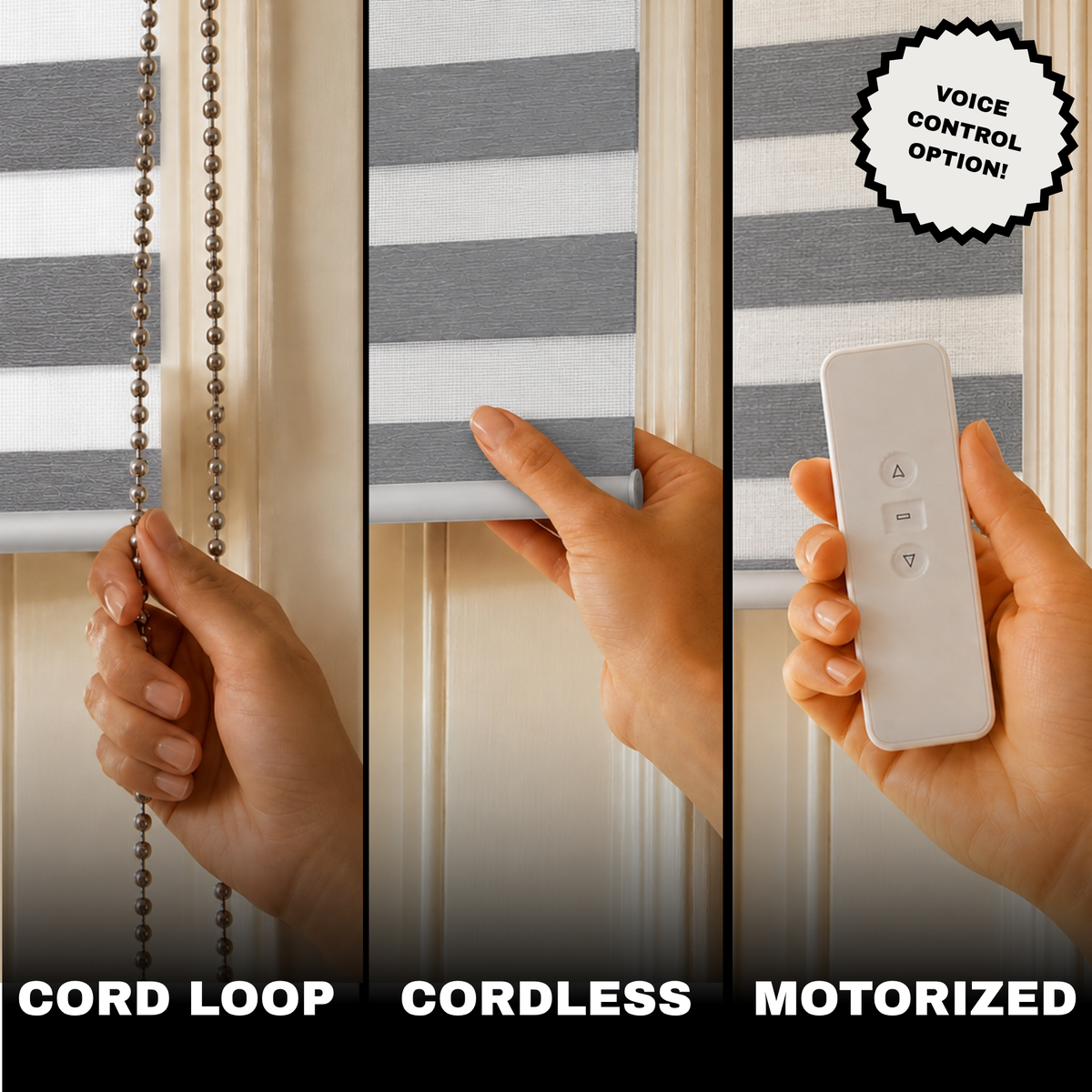 Three-panel comparison showing window shade controls: cord loop with a hand holding the bead cord, cordless with a hand sliding the shade, and a white motorized remote control. Text at the bottom reads CORD LOOP, CORDLESS, and MOTORIZED, with a badge saying voice control option.