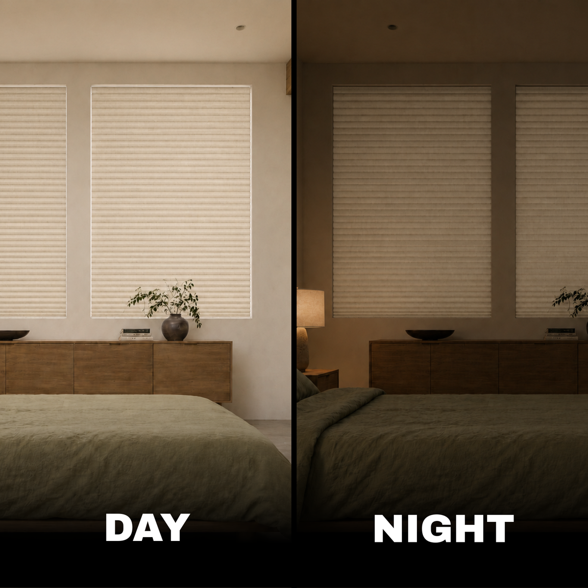 A split-screen comparison of a beige roller blind system in a bedroom, showing the 'DAY' scene on the left with bright natural light, and the 'NIGHT' scene on the right in dim ambient light. The image highlights the blind's ability to filter light.