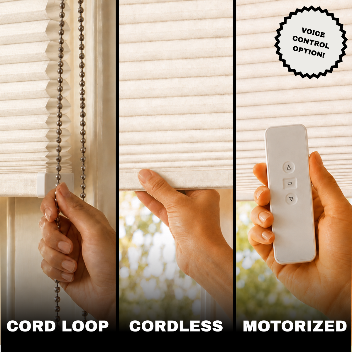 Three-panel comparison showing window blind control options: cord loop with a hand pulling the cord, cordless with a hand lifting the blind, and a white remote for a motorized option. A black badge says 'VOICE CONTROL OPTION!'.