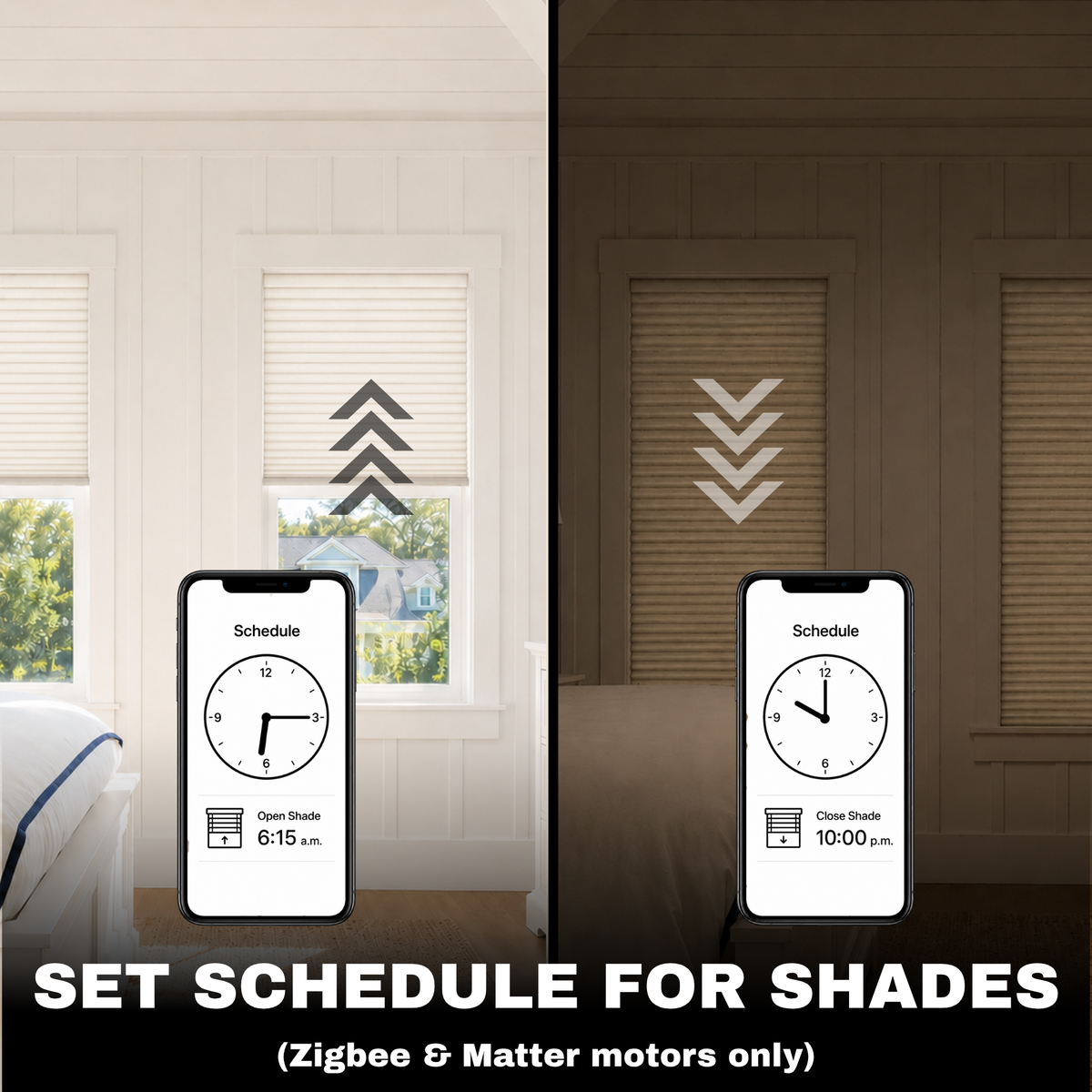 A split-screen comparison showing a smartphone app controlling window shades in a bright bedroom on the left and a darker living room on the right. Large text at the bottom reads 'SET SCHEDULE FOR SHADES (Zigbee & Matter motors only)'.