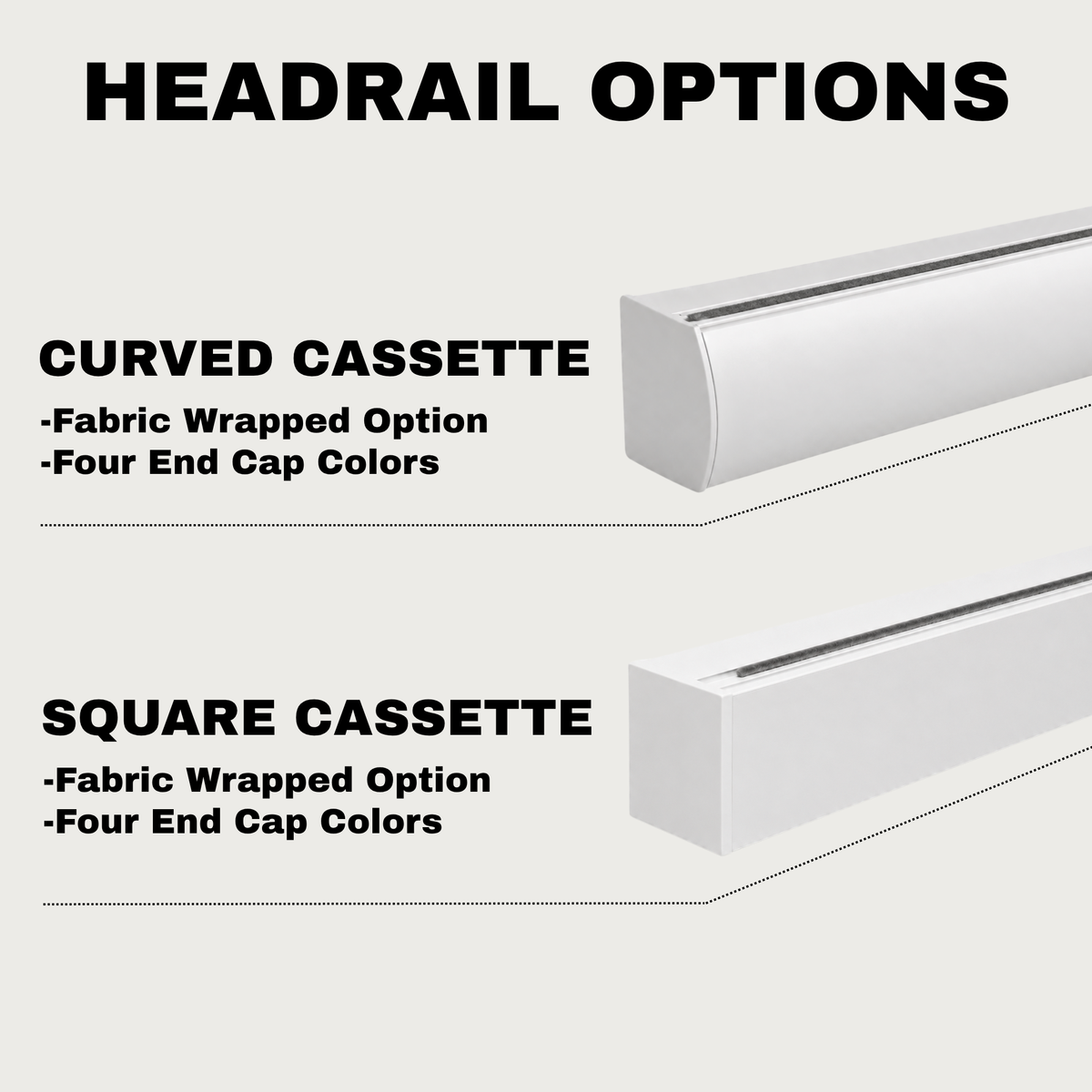 An informational graphic titled 'HEADRAIL OPTIONS' showing two white headrail profiles: a curved cassette headrail and a square cassette headrail, each with text describing fabric-wrapped options and four end cap colors.