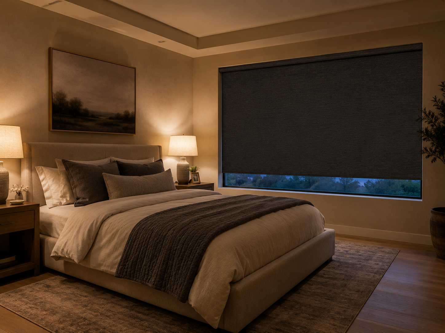 A dark charcoal roller shade installed on a window in a modern, warmly lit bedroom. The room features a bed with beige bedding, bedside tables with lit lamps, and a neutral-toned wall.