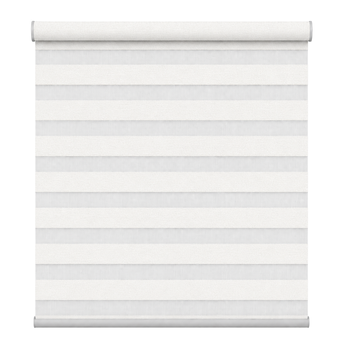 A white horizontal roller blind with alternating white and light gray horizontal stripes, shown partially unrolled on a solid white background.