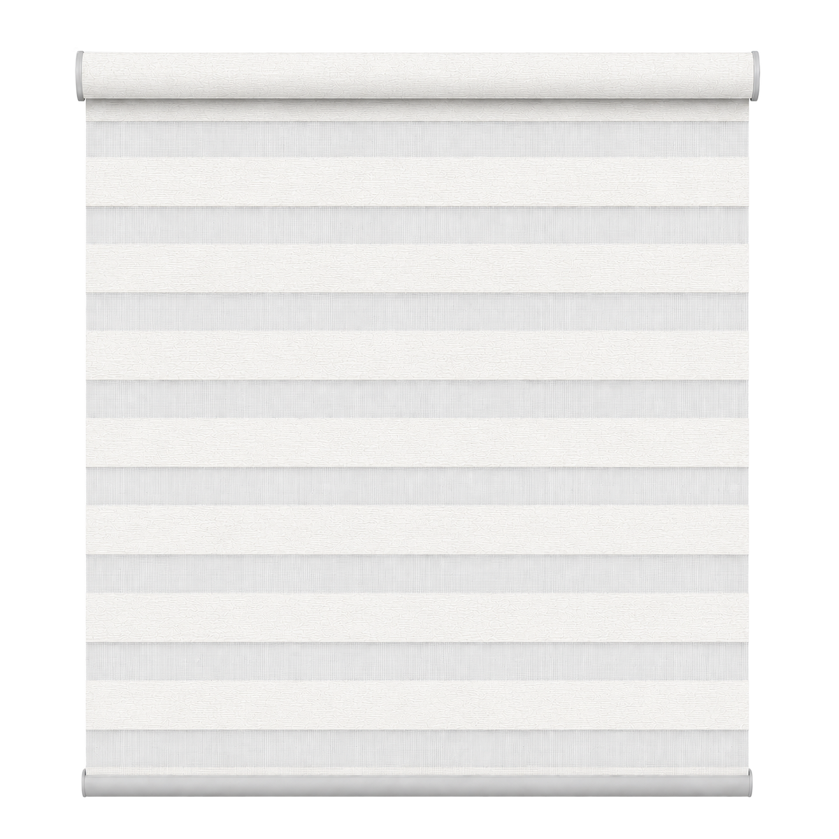 A white horizontal roller blind with alternating white and light gray horizontal stripes, shown partially unrolled on a solid white background.