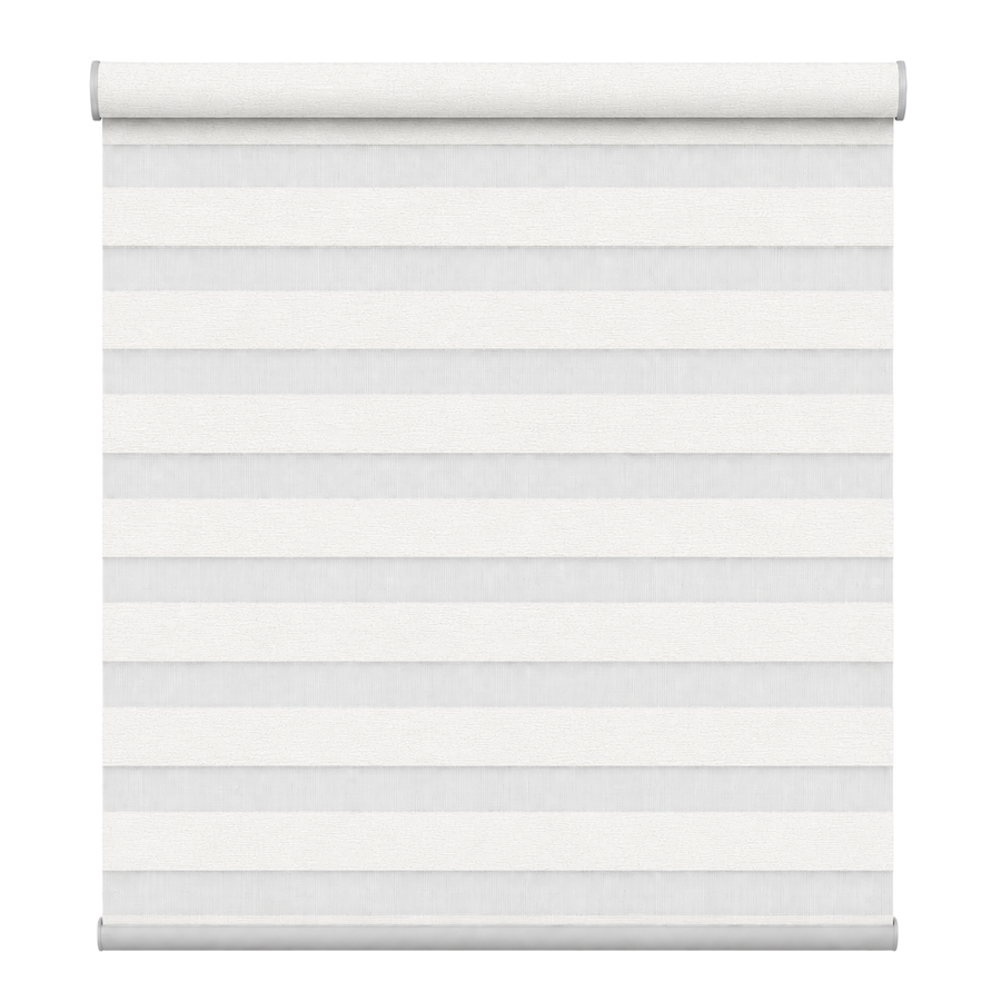 A white horizontal roller blind with alternating white and light gray horizontal stripes, shown partially unrolled on a solid white background.
