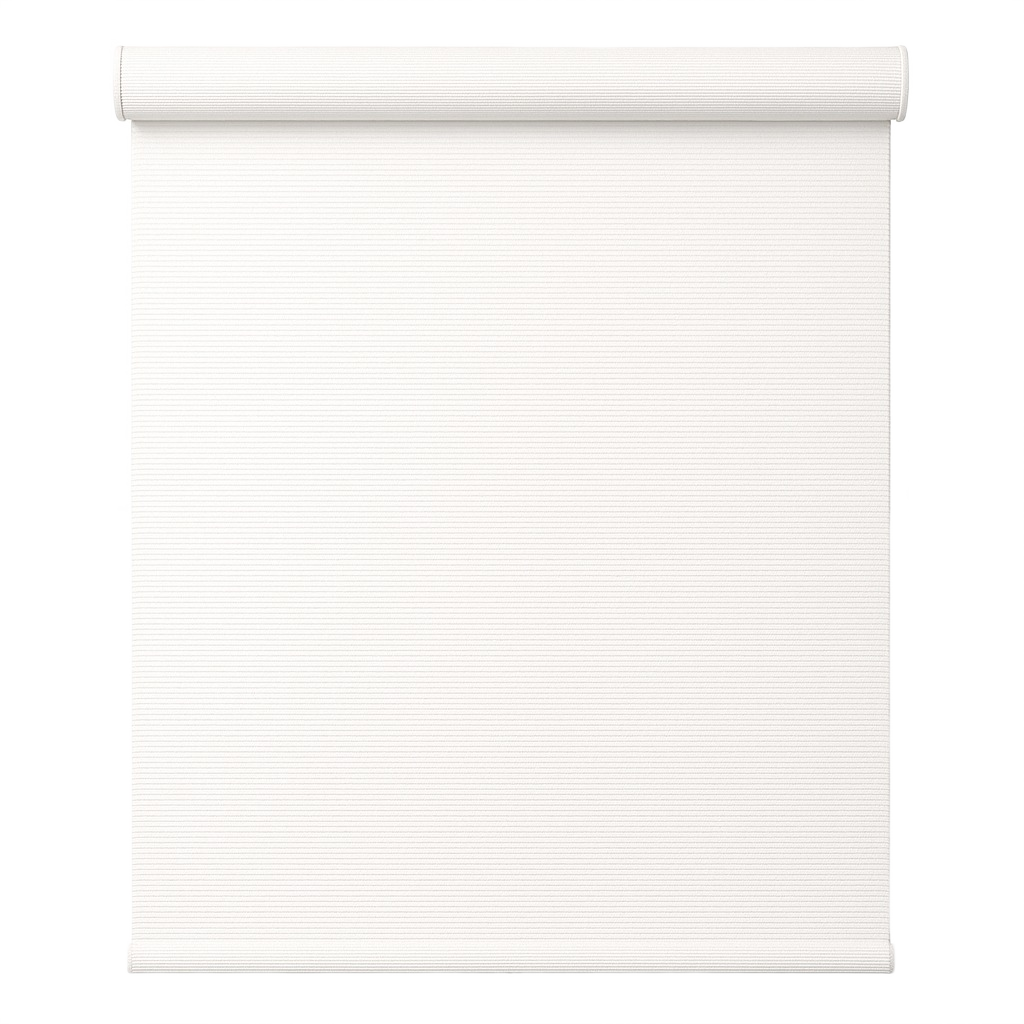 A white pleated roller blind, partially rolled up at the top, shown against a solid white background.