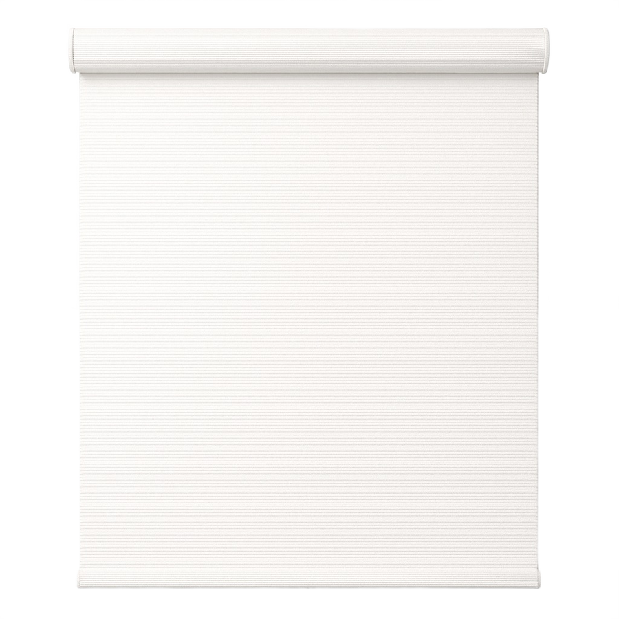 A white pleated roller blind, partially rolled up at the top, shown against a solid white background.