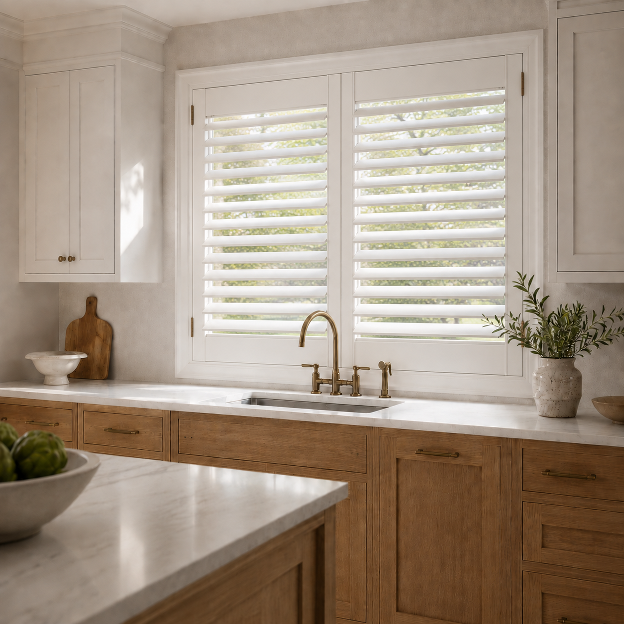 White plantation shutters installed on a double window above a kitchen sink in a bright, modern kitchen with light wood cabinets and a marble countertop.