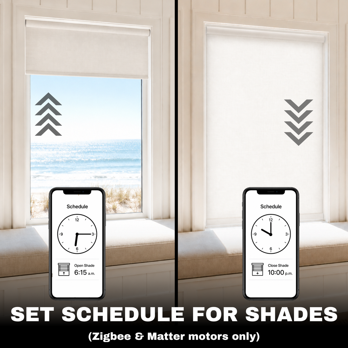 A split-screen comparison showing a window shade control app on a phone. The left side shows the shade partially open with a beach view outside, and the right side shows the shade fully closed.