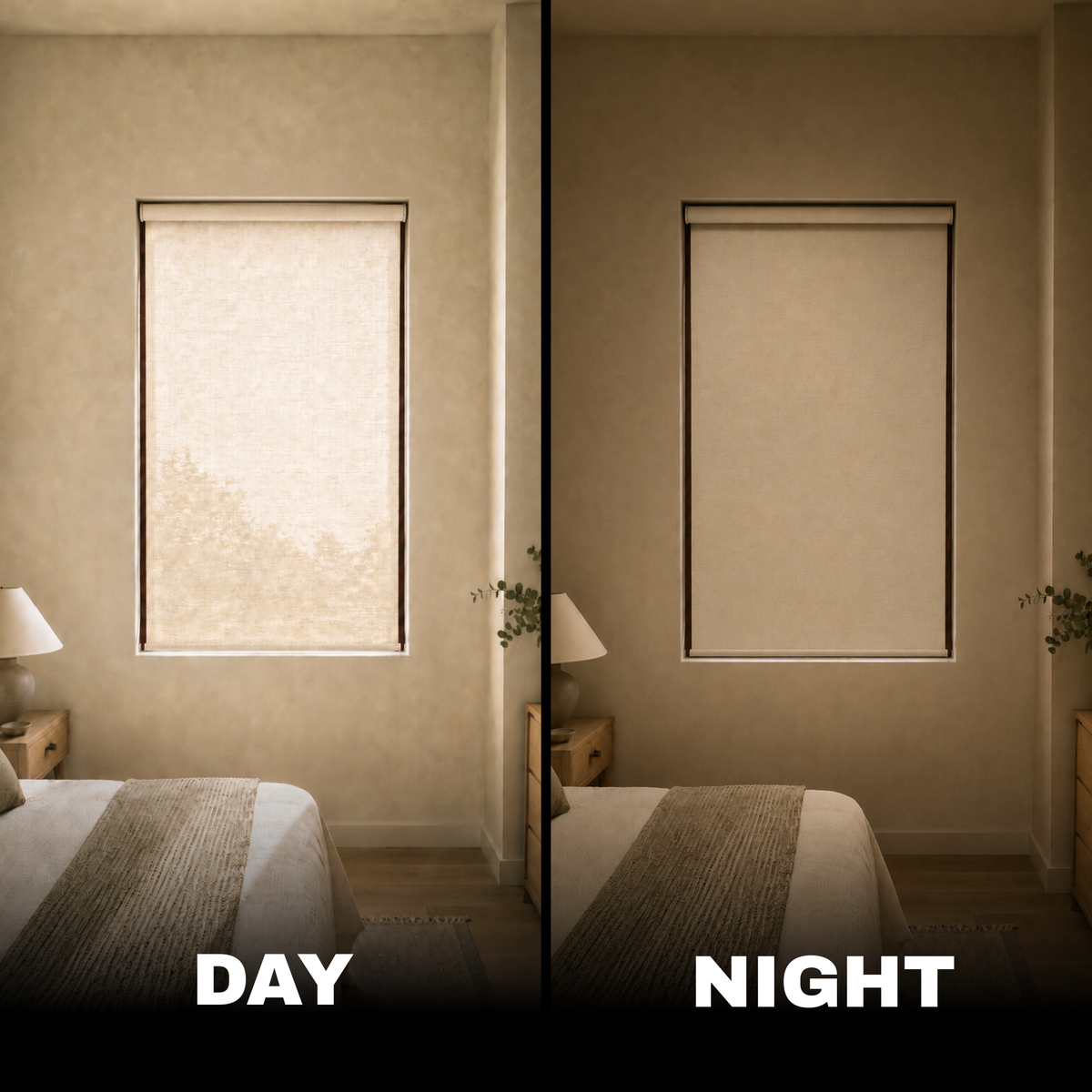 A split comparison showing a window roller shade in a bedroom, labeled DAY on the left and NIGHT on the right. The left side shows bright daylight through the beige roller, while the right side shows the shade drawn up and dark in the room.