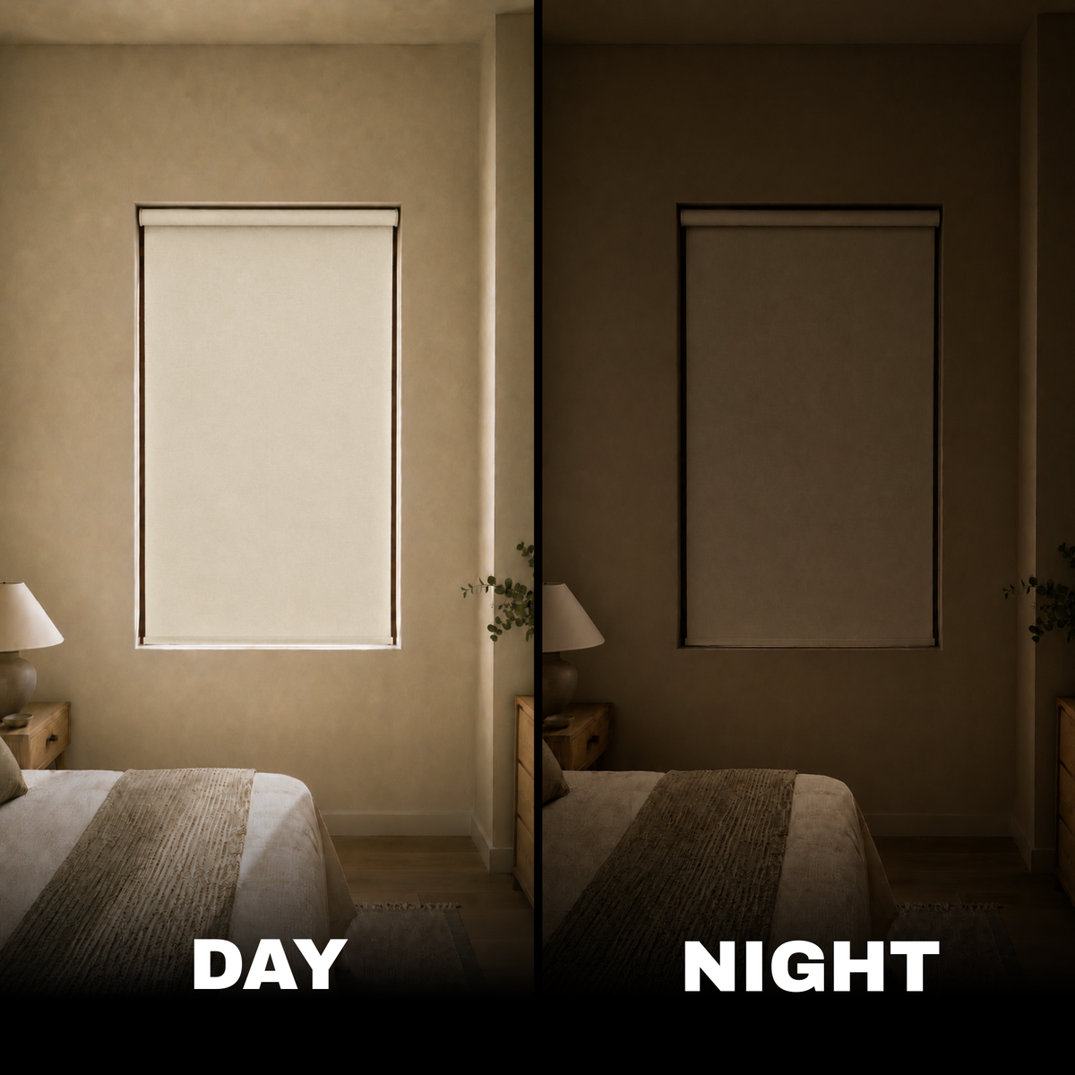 A split comparison showing a window shade in a bedroom under daylight on the left and in dim nighttime lighting on the right, with large text labels 'DAY' and 'NIGHT' at the bottom.