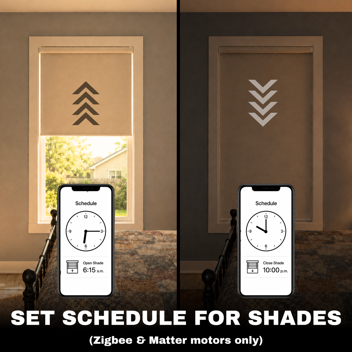 A split-screen comparison showing two shades with arrow icons indicating open and closed positions, with smartphone screens overlaid showing a scheduling app. Text at the bottom reads 'SET SCHEDULE FOR SHADES (Zigbee & Matter motors only)'.