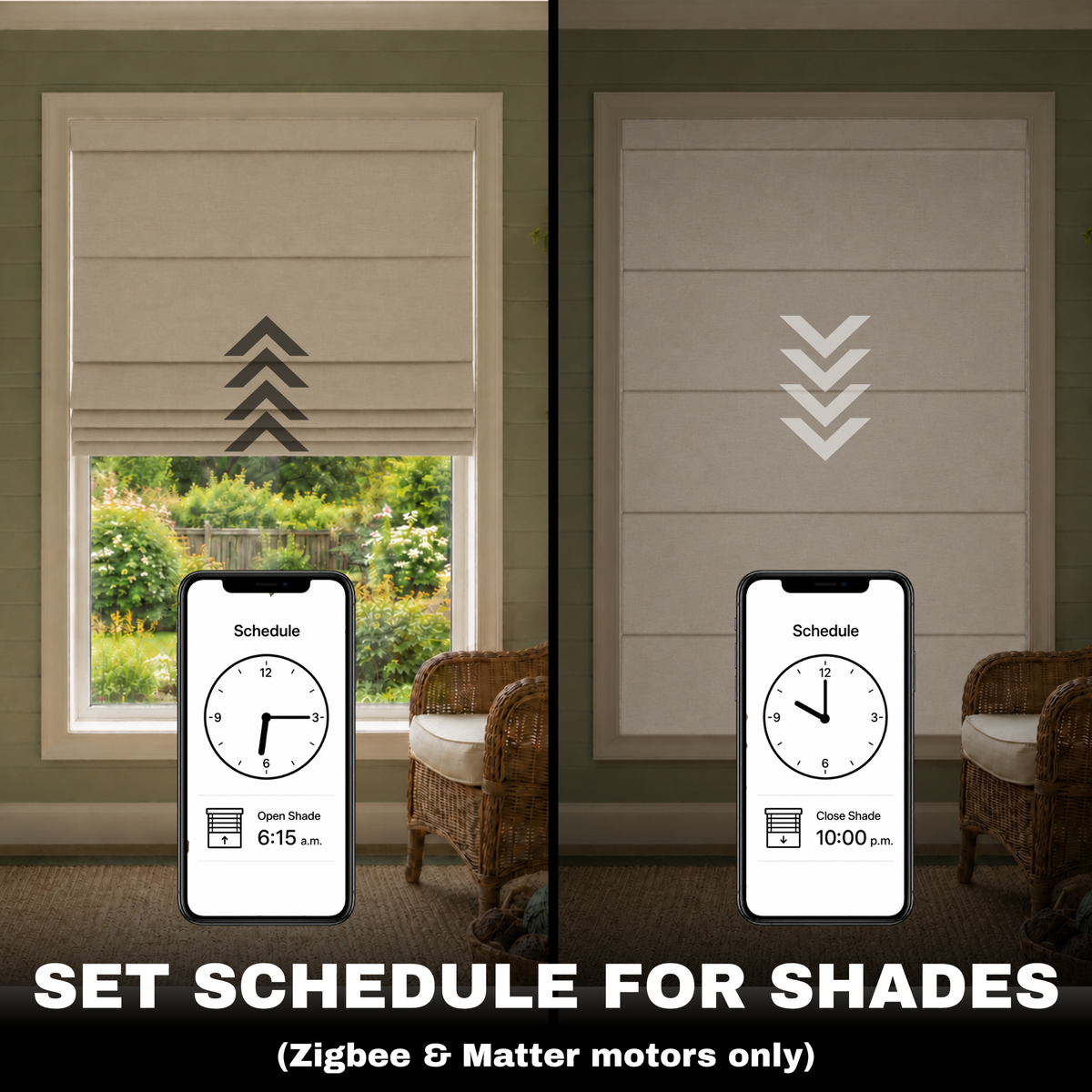 A split-screen comparison showing a beige roller blind or shade in a real room setting, with one side open and one side closed, plus smartphone screens displaying scheduling controls. Large text at the bottom reads 'SET SCHEDULE FOR SHADES (Zigbee & Matter motors only)'.