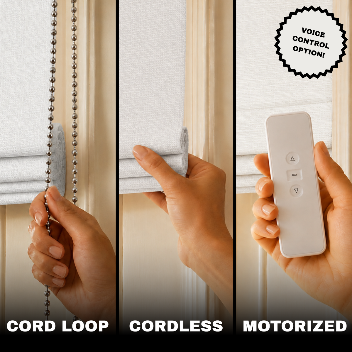 Three-panel comparison showing window shade control options: cord loop with a hand holding a metal pull chain, cordless with a hand lifting a white roller blind, and motorized with a hand holding a white remote. A badge reads 'VOICE CONTROL OPTION!'.