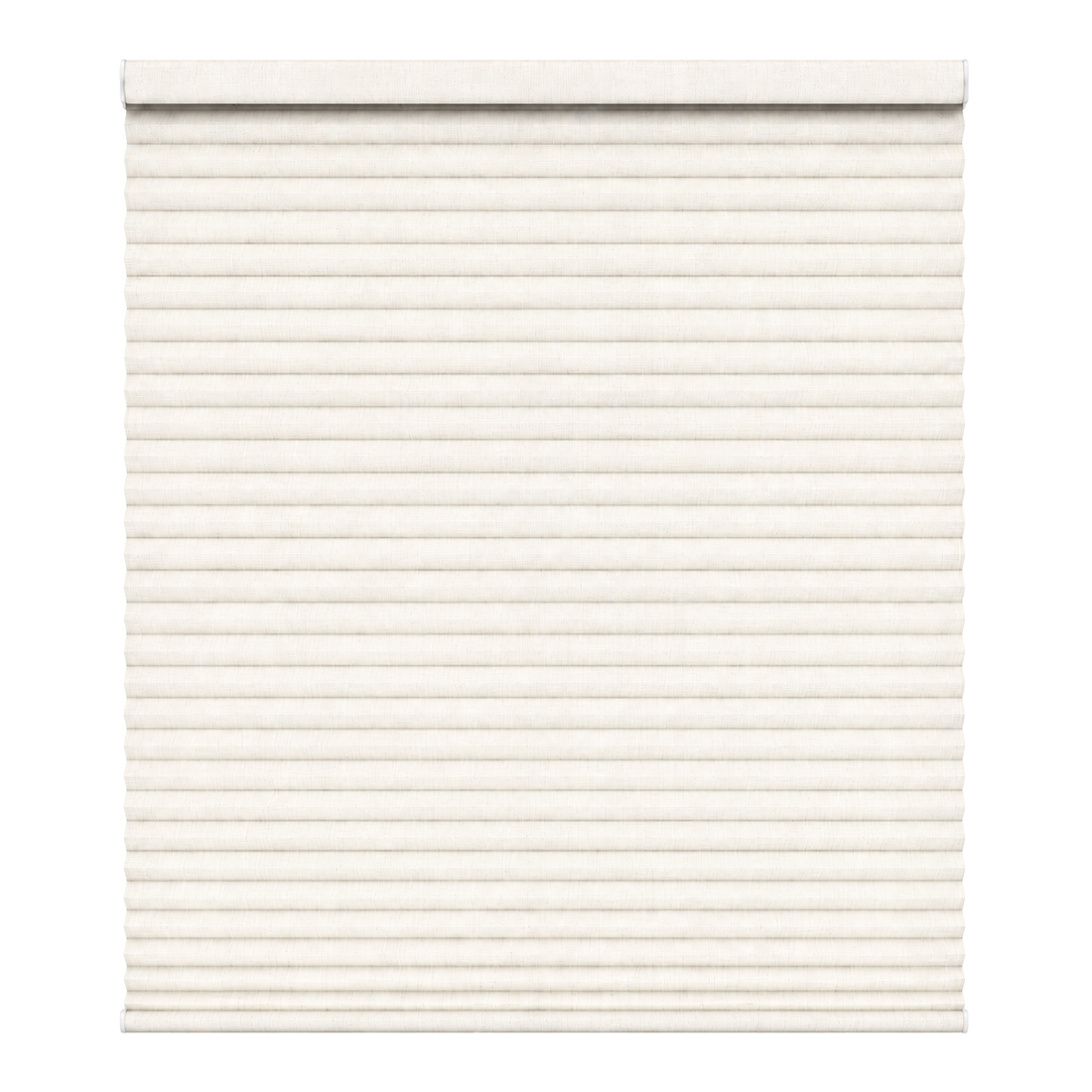 An off-white or cream-colored pleated window shade, shown partially rolled up at the top against a plain white background.
