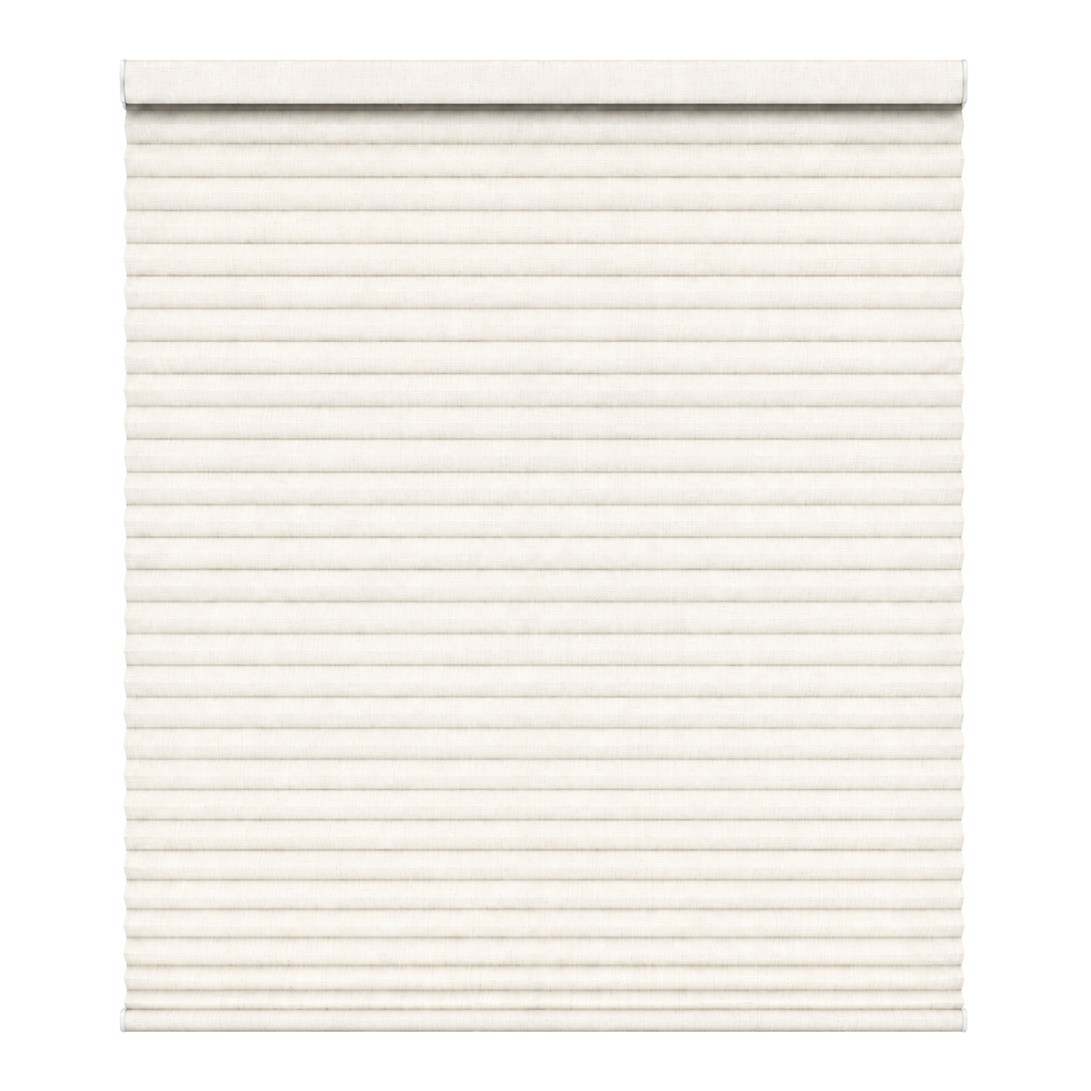 An off-white or cream-colored pleated window shade, shown partially rolled up at the top against a plain white background.