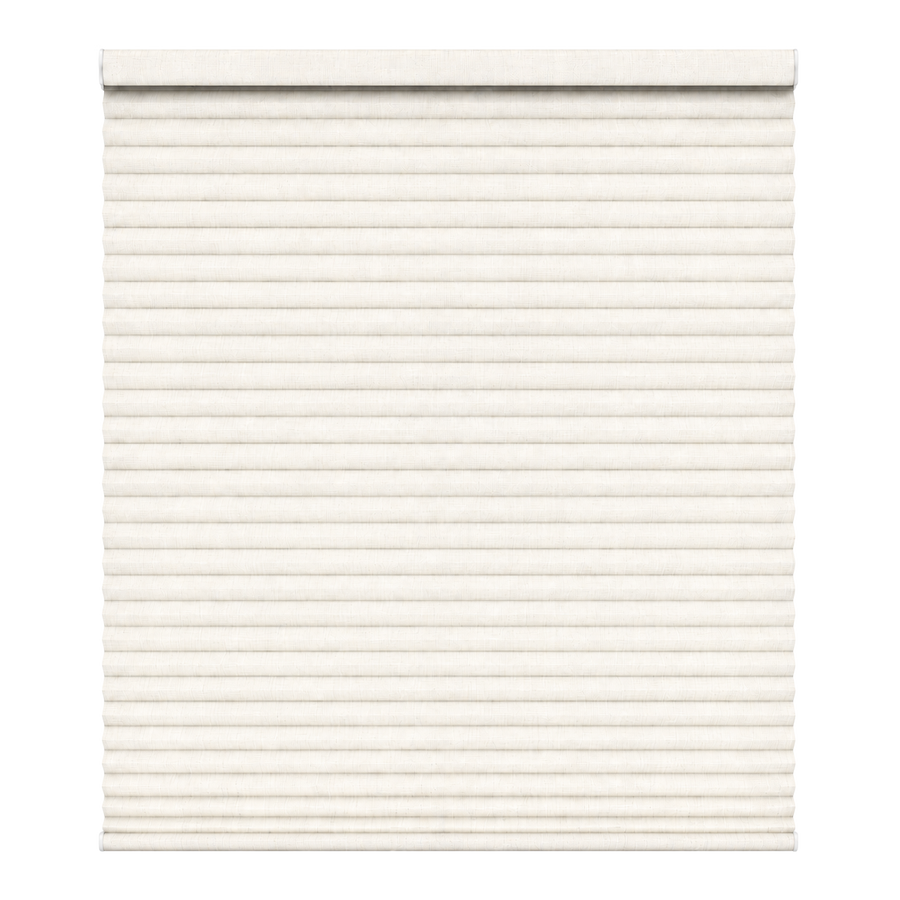 An off-white or cream-colored pleated window shade, shown partially rolled up at the top against a plain white background.