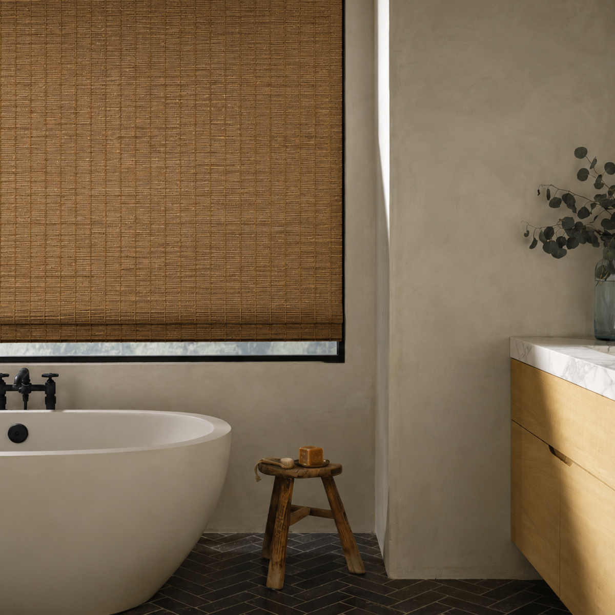 A brown woven roller blind with a black frame installed on a window in a modern bathroom setting, next to a white freestanding bathtub and a light wood vanity.