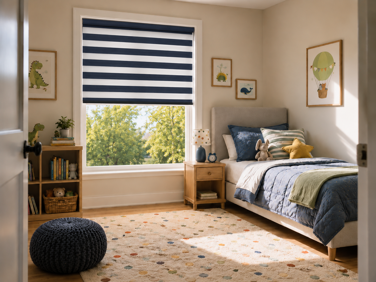 A styled children's bedroom featuring a navy and white striped roller blind on a window, with a single bed, patterned rug, and wooden furniture.