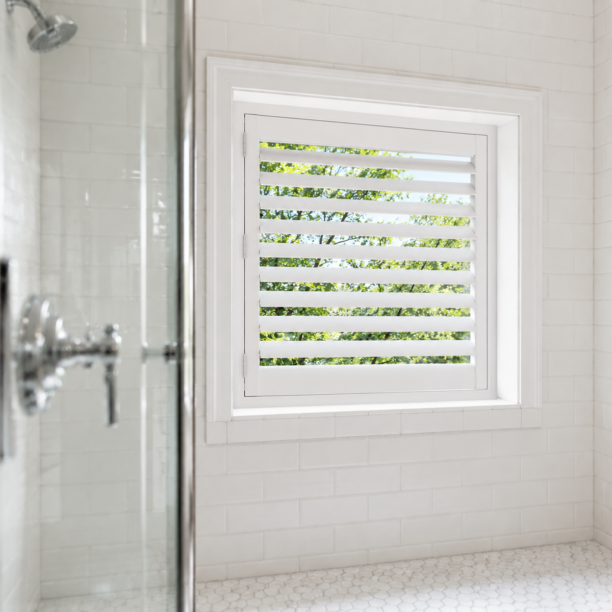 White window shutters installed in a white tiled bathroom wall, with a glass shower door visible on the left and green foliage visible through the louvers.