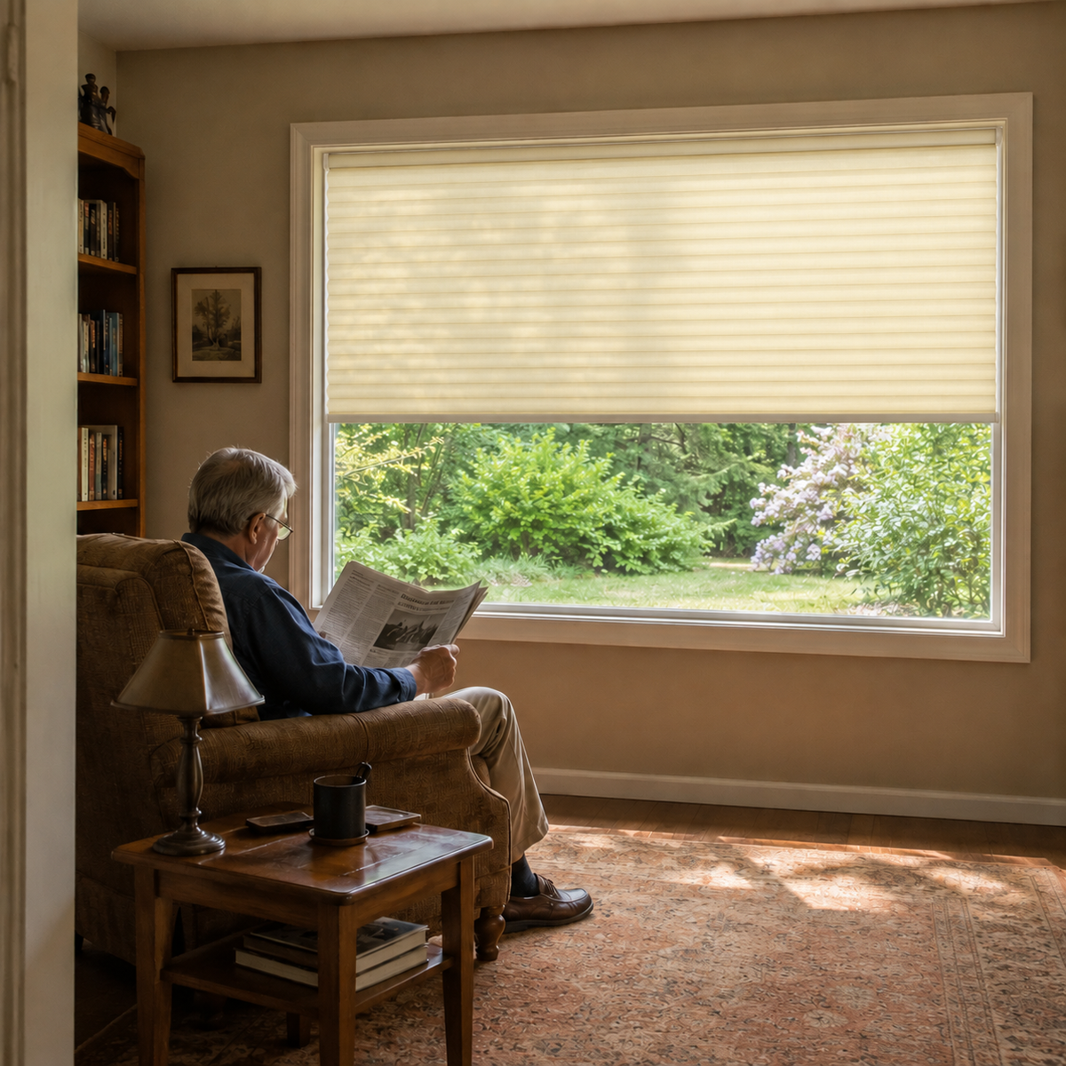 A man sits in his living room reading a newspaper with a large picture window in front of him that holds a cellular shade. 