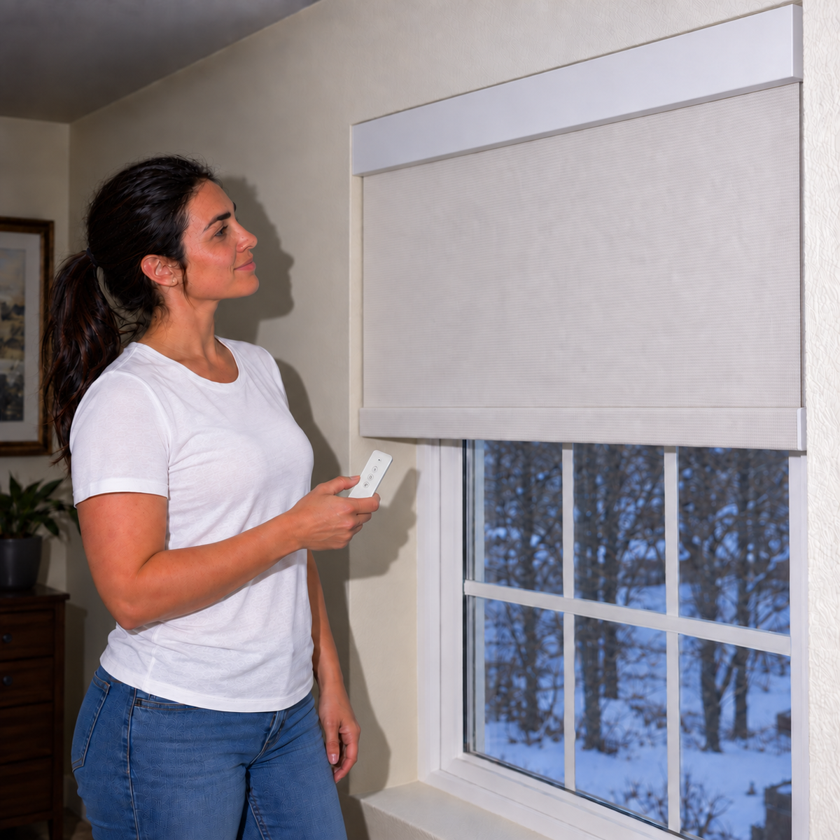 A woman in a white t-shirt and blue jeans stands next to a window with a light beige roller shade partially drawn, holding a small remote control in a home setting.