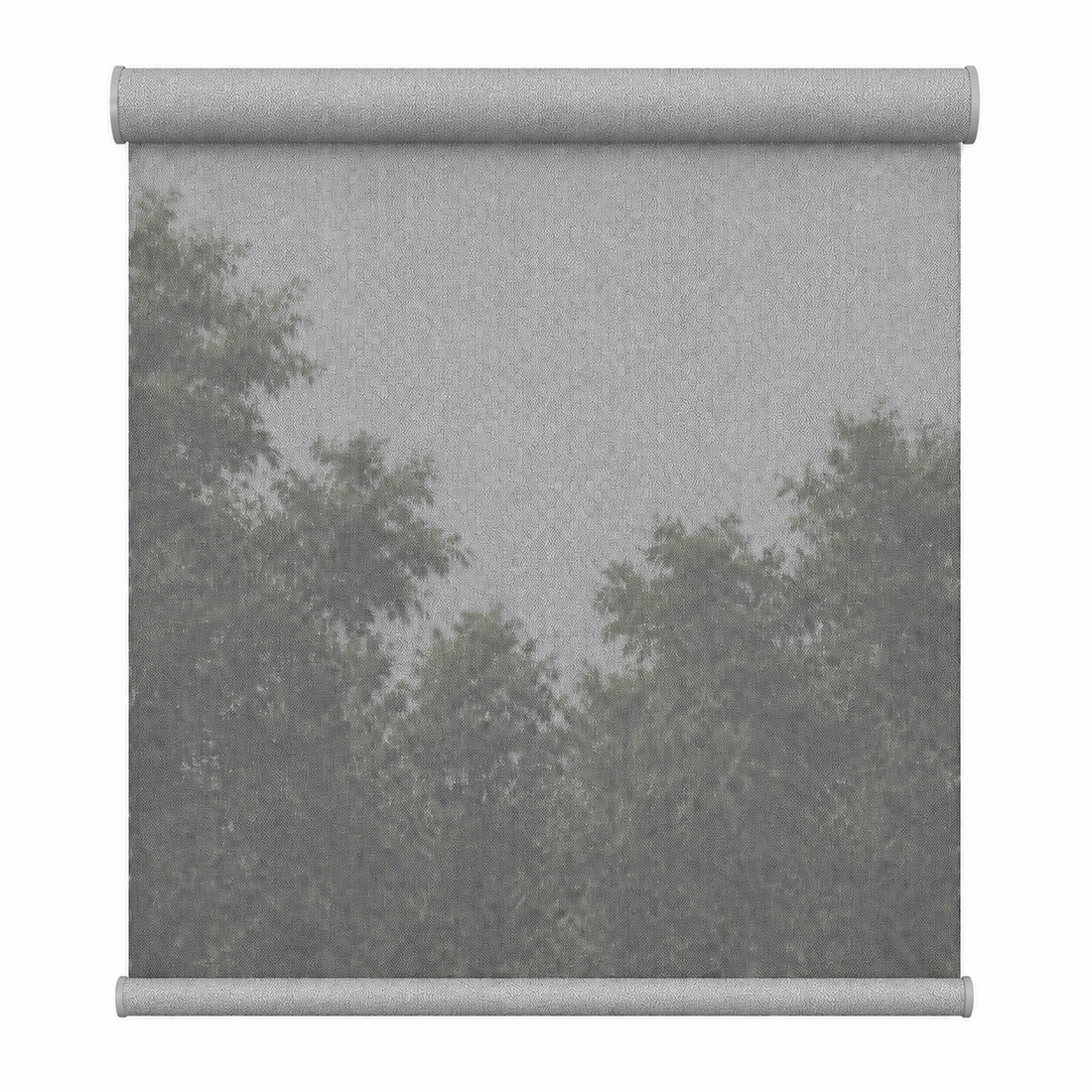 A gray roller blind or shade shown partially unrolled, featuring a printed pattern of dark green trees against a light gray sky. The product is displayed on a clean white background.