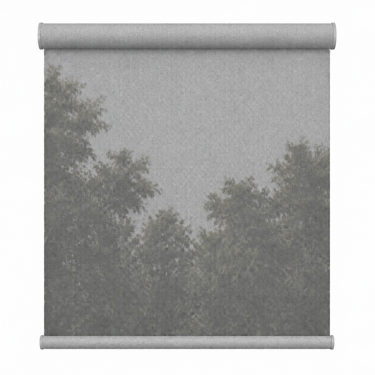 A gray roller blind or shade shown partially unrolled, featuring a printed pattern of dark green trees against a light gray sky. The product is displayed on a clean white background.