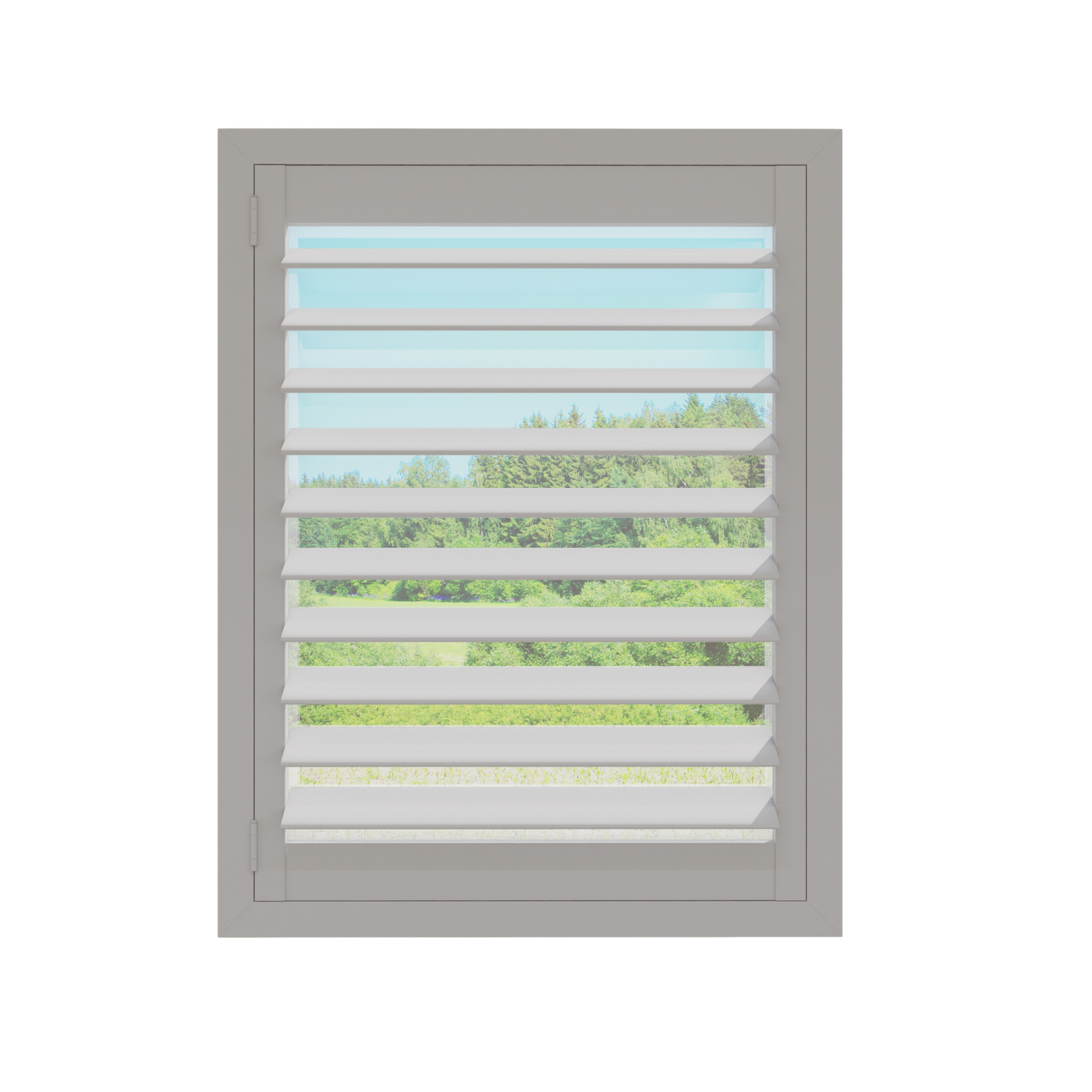 Pebblestone Gray plantation shutter louvers, angled open