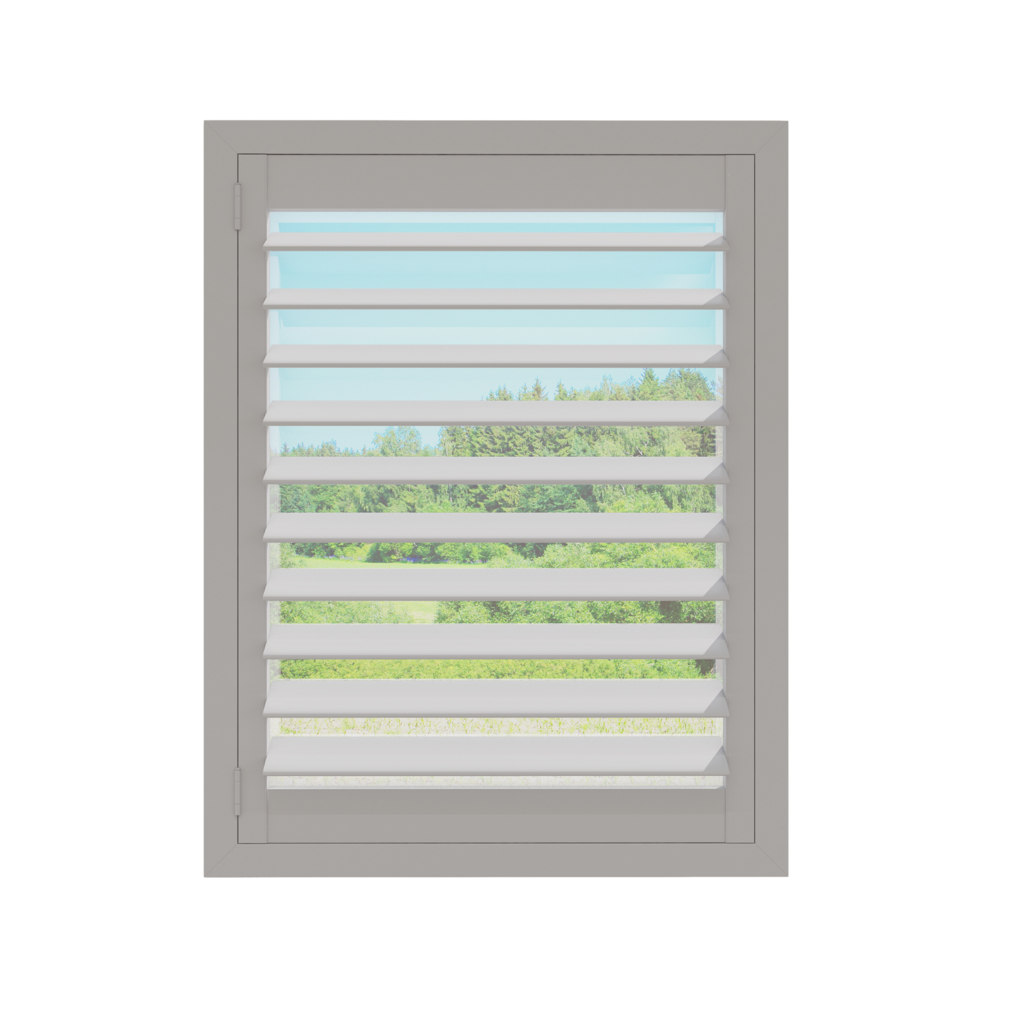 Pebblestone Gray plantation shutter louvers, angled open