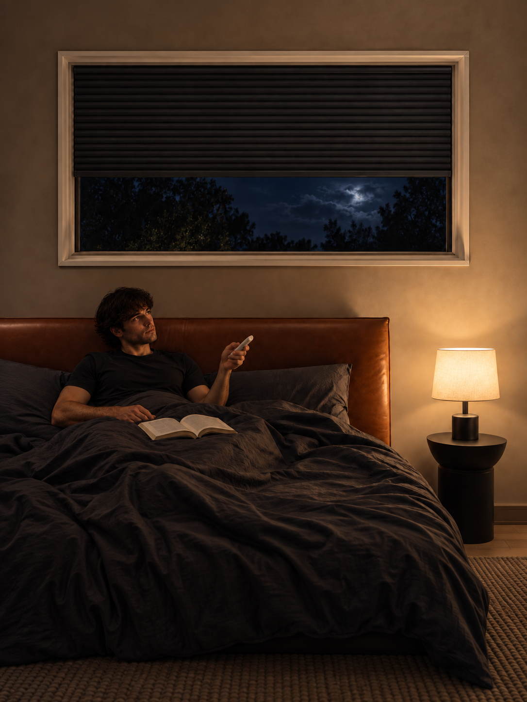 A man relaxes in bed under a lit nightstand lamp, holding a phone and an open book. Above the bed, a window with dark pleated blinds shows a night sky with the moon and trees.