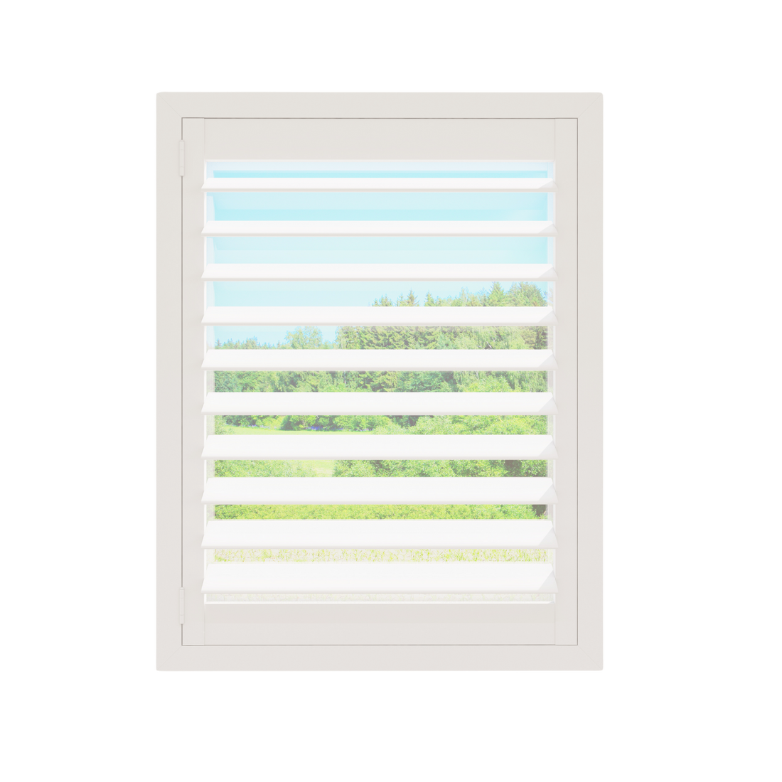 Off-white plantation shutter louvers, angled open