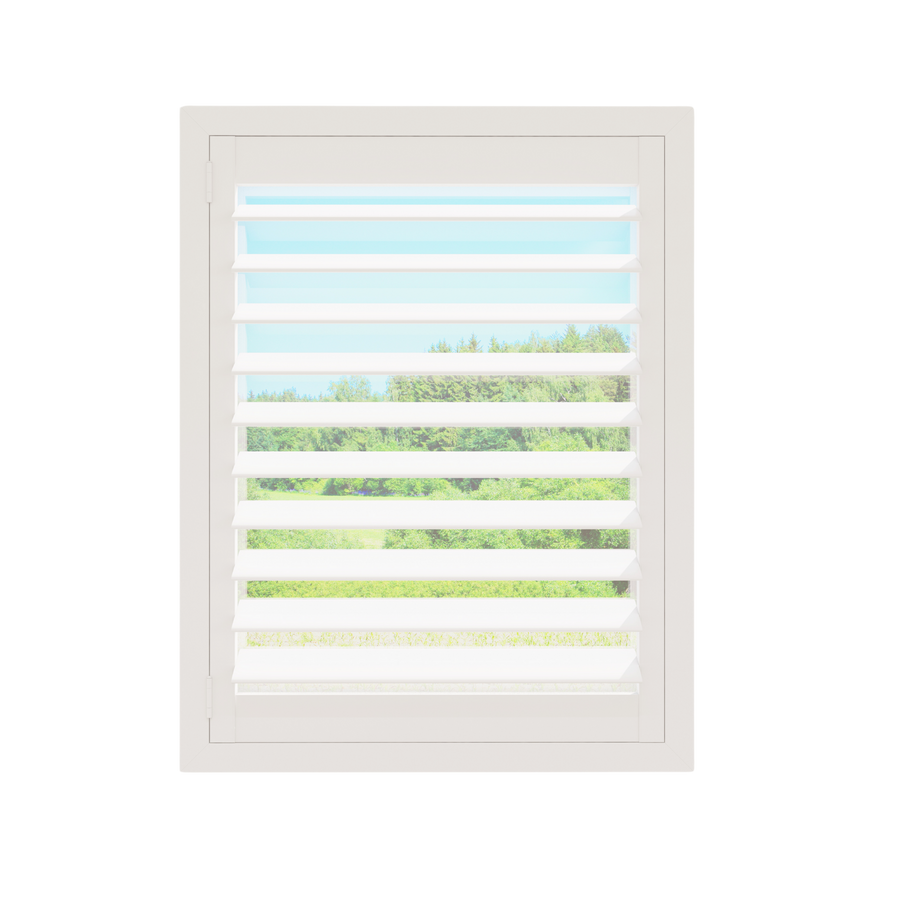 Off-white plantation shutter louvers, angled open