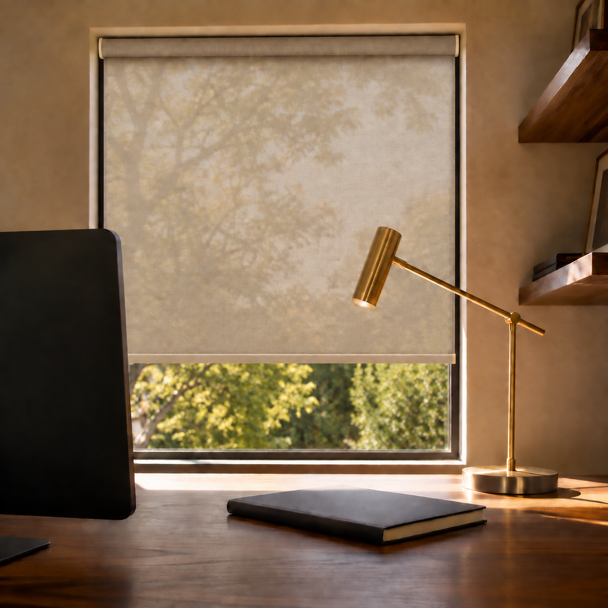 A beige roller blind with a subtle tree pattern, shown installed on a window in a modern home office setting with a wooden desk, laptop, and brass lamp.