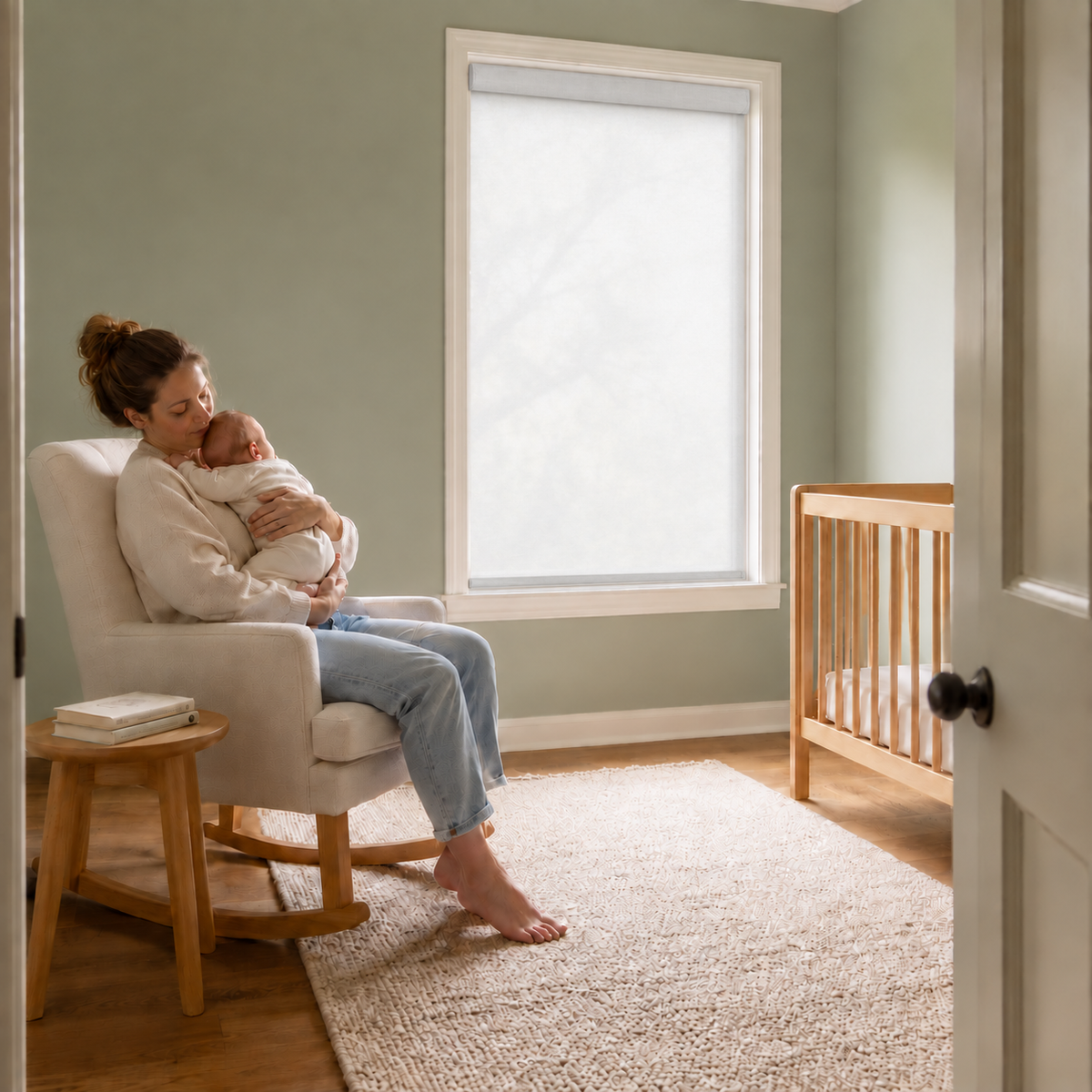 A woman in a cream chair holds a baby in a softly lit nursery. A light wood crib, beige rug, pale green walls, and a large window are visible in the room.
