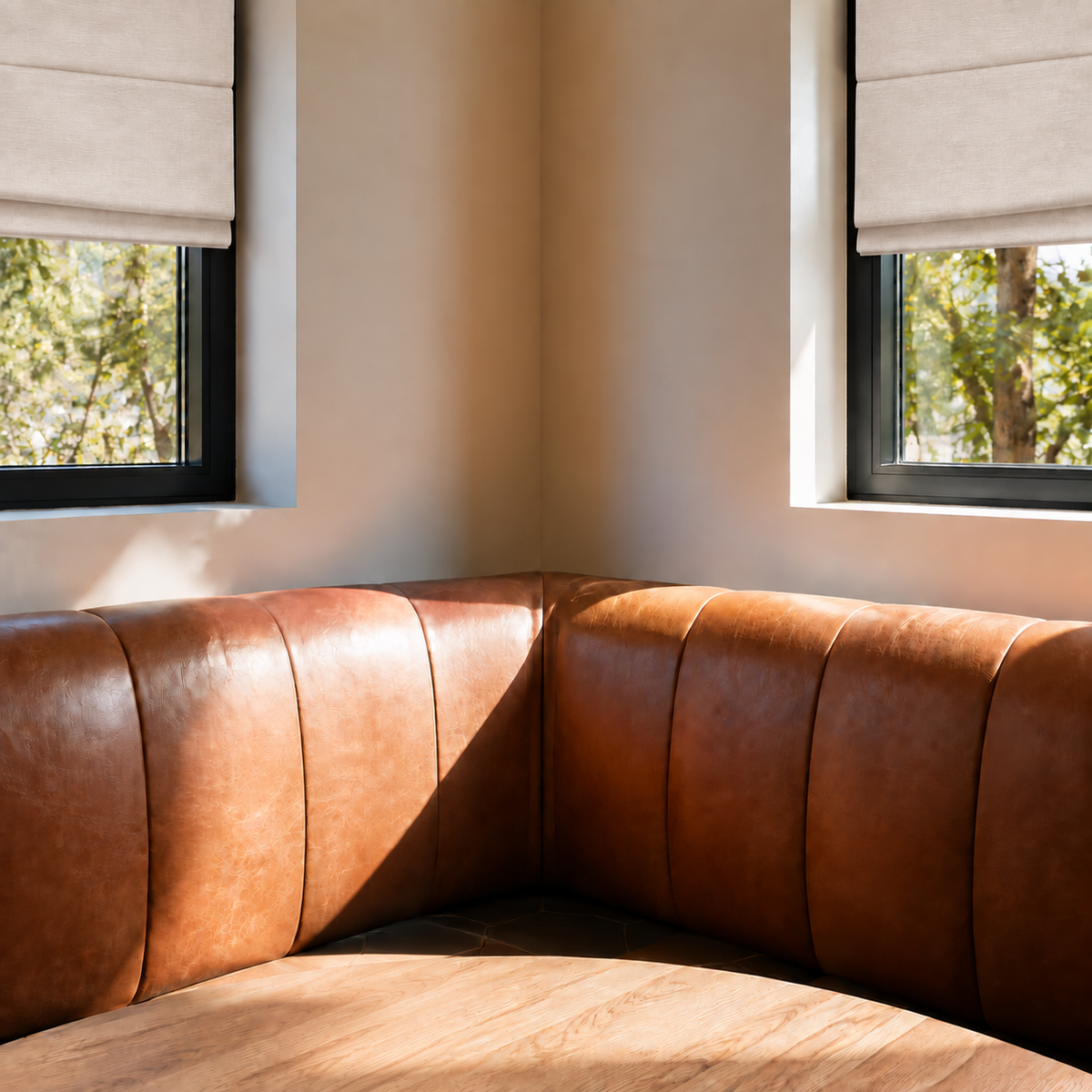 A warm brown leather corner booth seat in a sunlit room with beige walls, black-framed windows, and light-colored Roman blinds.