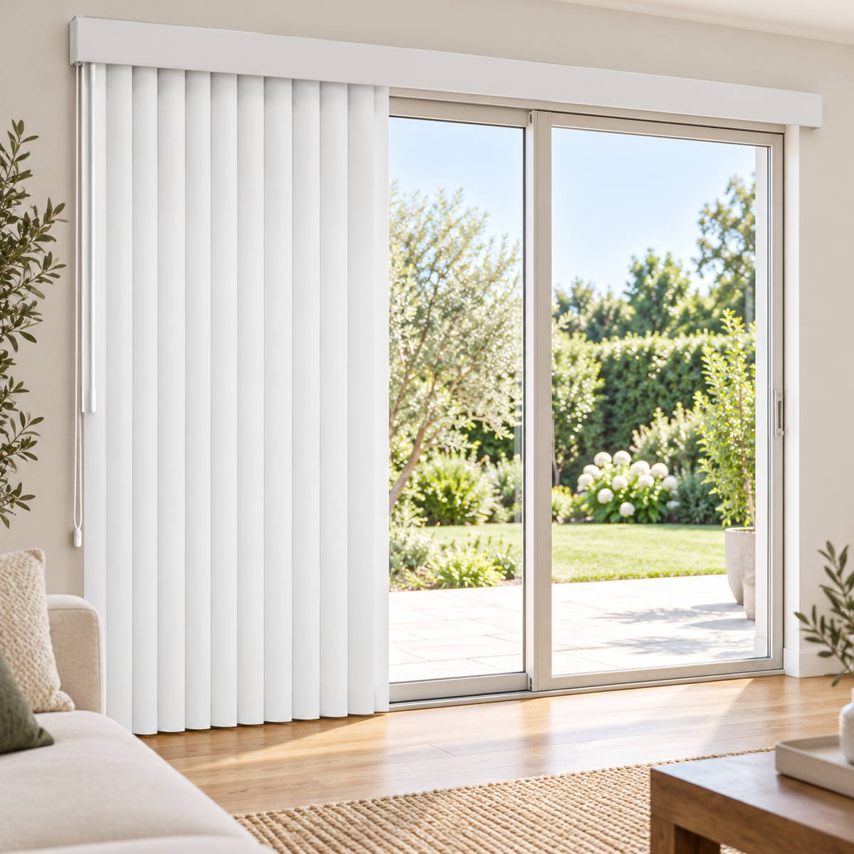 Vertical blinds in a bright living room