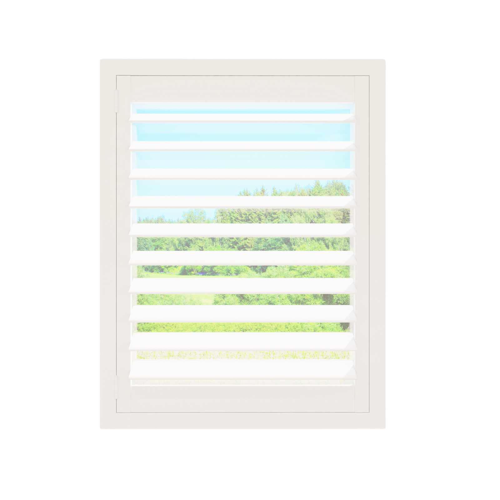 White plantation shutter louvers, angled open