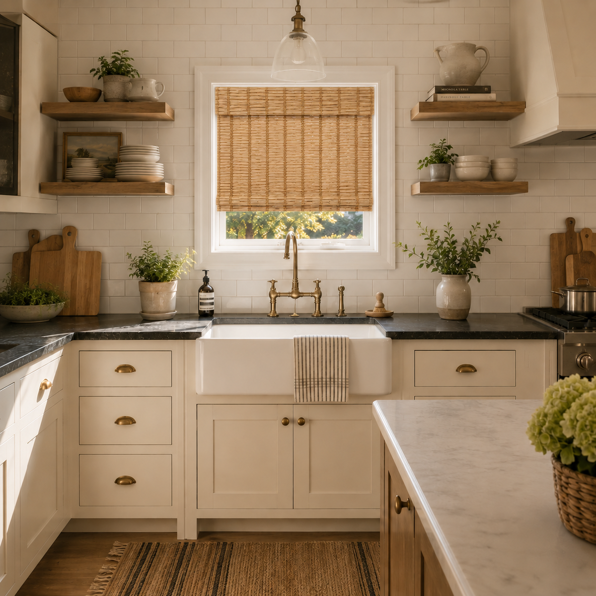A bright, modern farmhouse-style kitchen featuring white shaker cabinets, a white farmhouse sink with a brass faucet, a bamboo roller shade on the window, dark stone countertops, and open wooden shelves with ceramic dishes and plants.